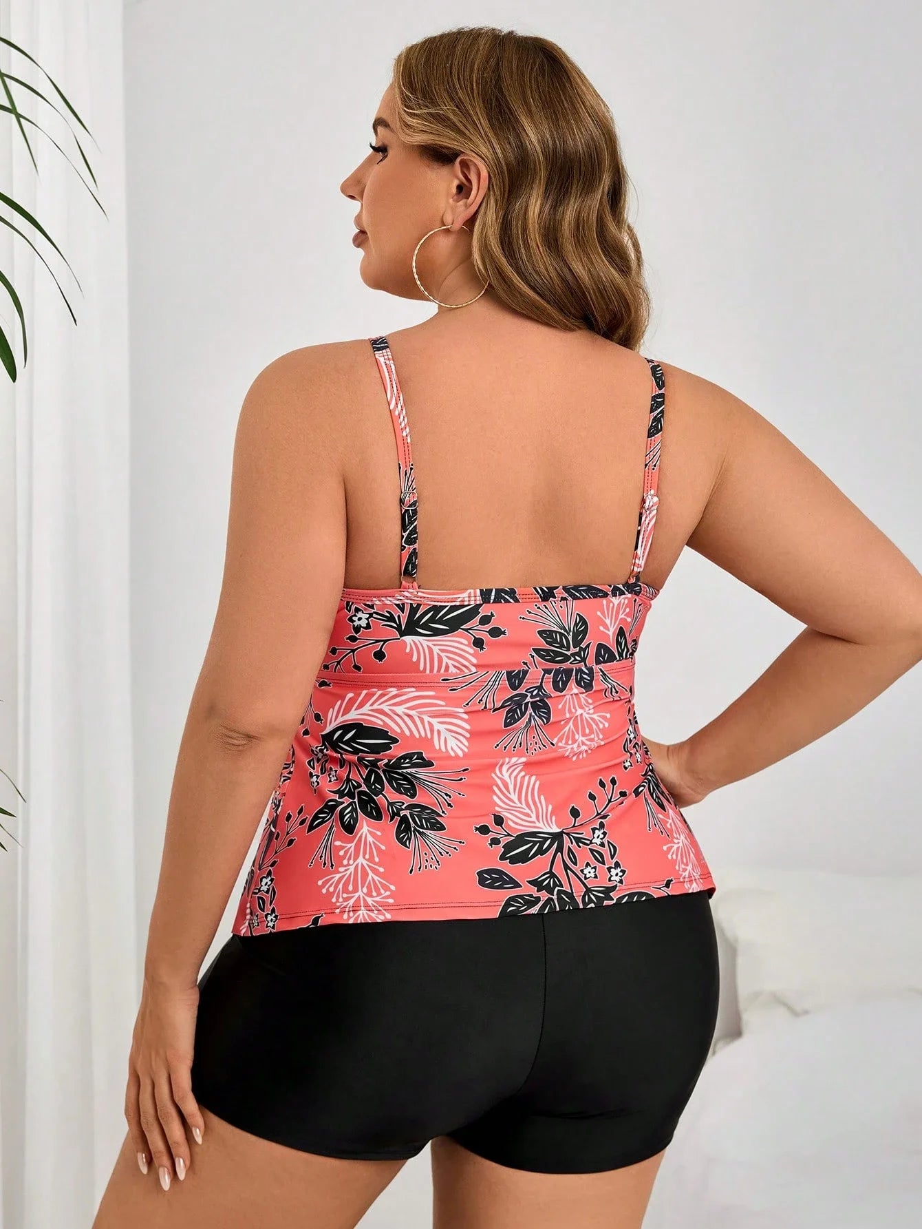 Coral Floral Print Ruffle Layered Crop Top With Solid Black Boyshorts ...