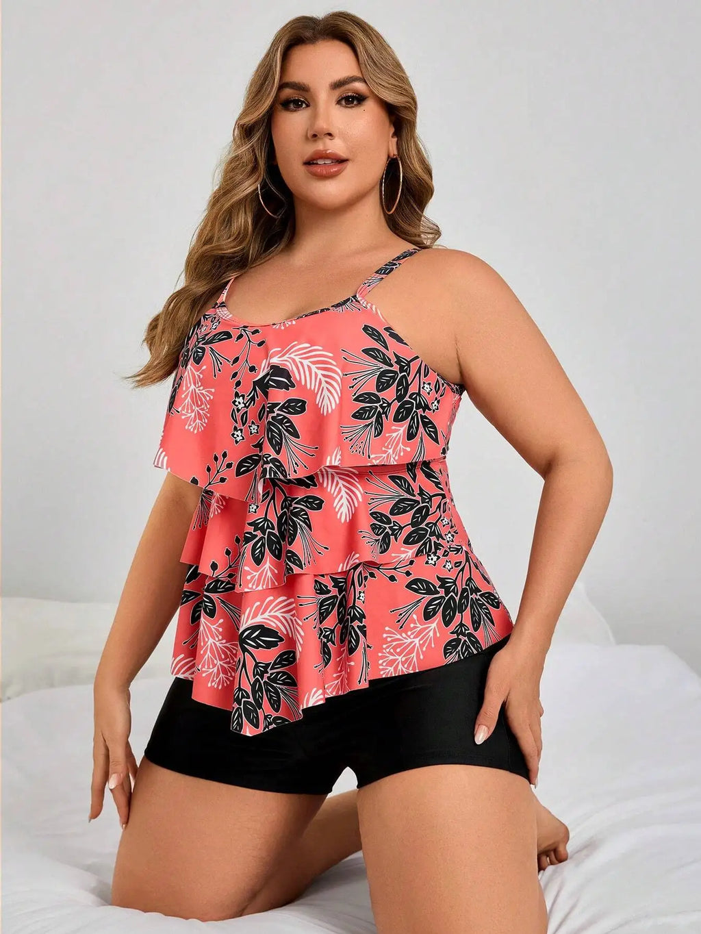 Coral Floral Print Ruffle Layered Crop Top With Solid Black Boyshorts ...